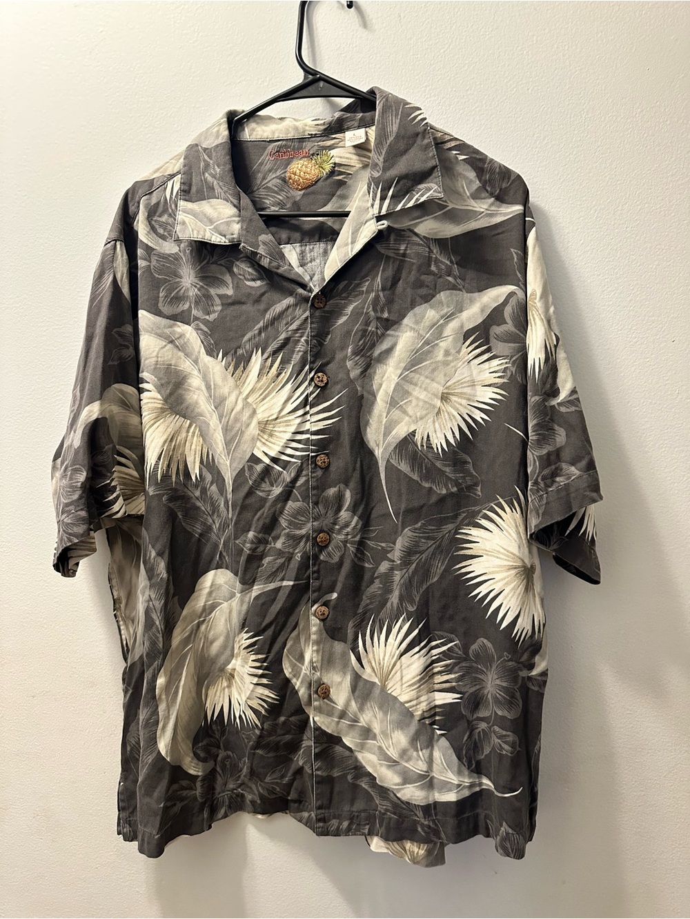 Caribbean Tropical Print Button-Front Shirt in Charcoal and Cream 70% silk
